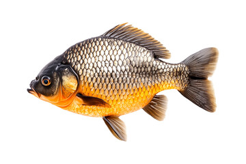 Closeup of fresh Crucian carp fish with detailed scales and fins, isolated on white transparent background, concept of aquatic life