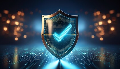 Fototapeta premium A digital shield with a glowing checkmark, symbolizing security and verification in a futuristic environment.