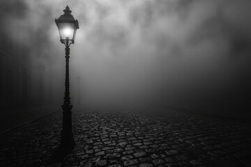 An old street lamp illuminates a cobblestone path through dense fog on a dark, moody night, creating an eerie and mysterious atmosphere in a vintage setting.