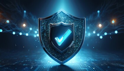 A futuristic shield symbolizing digital security, featuring a blue check mark, against a backdrop of glowing technology elements.