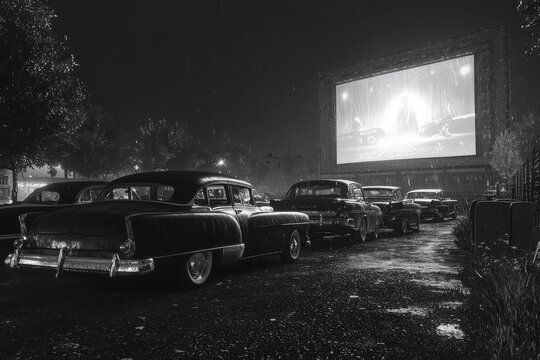 Fototapeta A nostalgic black and white scene of a drive-in movie theater on a rainy night, featuring vintage cars lined up to watch a film on the big screen in classic style.
