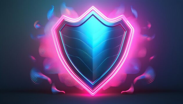A vibrant, glowing shield emblem surrounded by colorful light effects, symbolizing protection and security in a digital realm.