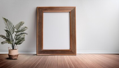 Breathtaking Wooden Frame Mockup Against a Spacious White Interior, Showcasing Elegant 3D Rendering of Wooden Flooring and Decorative Artwork
