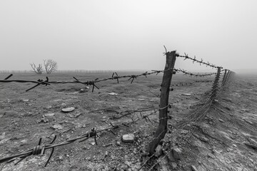 Naklejka premium Monochrome image of barbed wire fence cutting through a desolate, barren landscape under a somber sky, representing restriction, decay, and environmental concerns in a minimalist style.