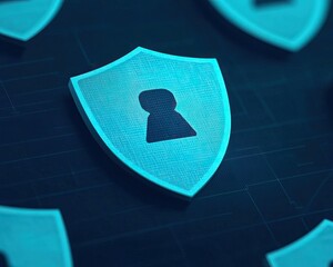 A glowing blue shield with a keyhole symbol represents security and protection in a digital realm.