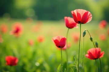 Fototapeta premium Soft pink petals of red poppies sway gently in the breeze amidst lush green grass, landscape, flowers