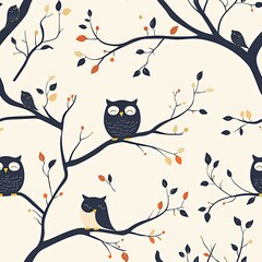 Fototapeta premium Minimalist seamless pattern of owls and leaves on a white background for textile design