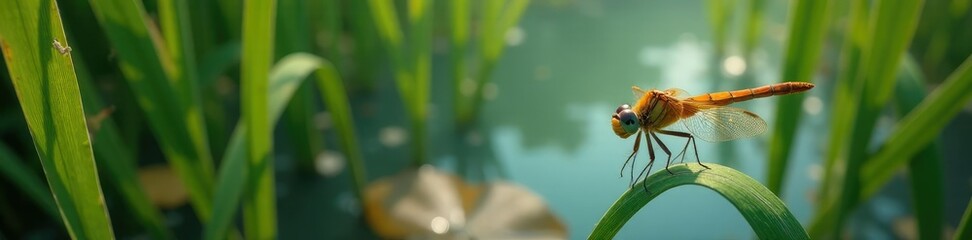 Soft, velvety reed fronds surrounding a delicate dragonfly case, aquatic insects, wetlands