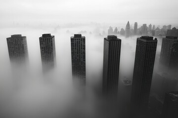 Dramatic black and white cityscape featuring skyscrapers emerging from a dense fog, creating a surreal and mysterious urban landscape.
