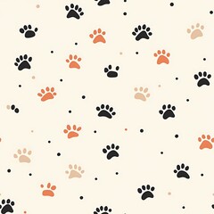 Minimalist seamless texture of black and orange paw prints on a white background