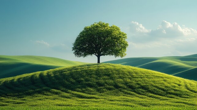 Solitary tree atop rolling green hills under a blue sky