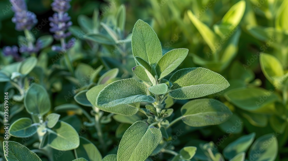 Poster green lush sage maxima leaves from salvia officinalis in botanic garden with soft sunlight highlight