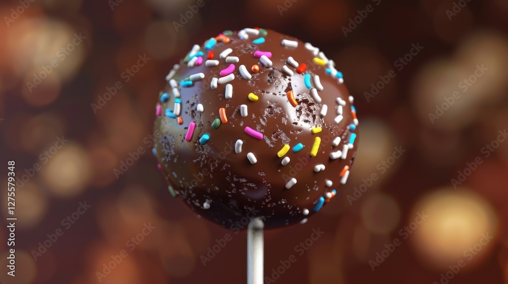 Poster chocolate lollipop adorned with colorful sprinkles on a white stick against a blurred warm backgroun