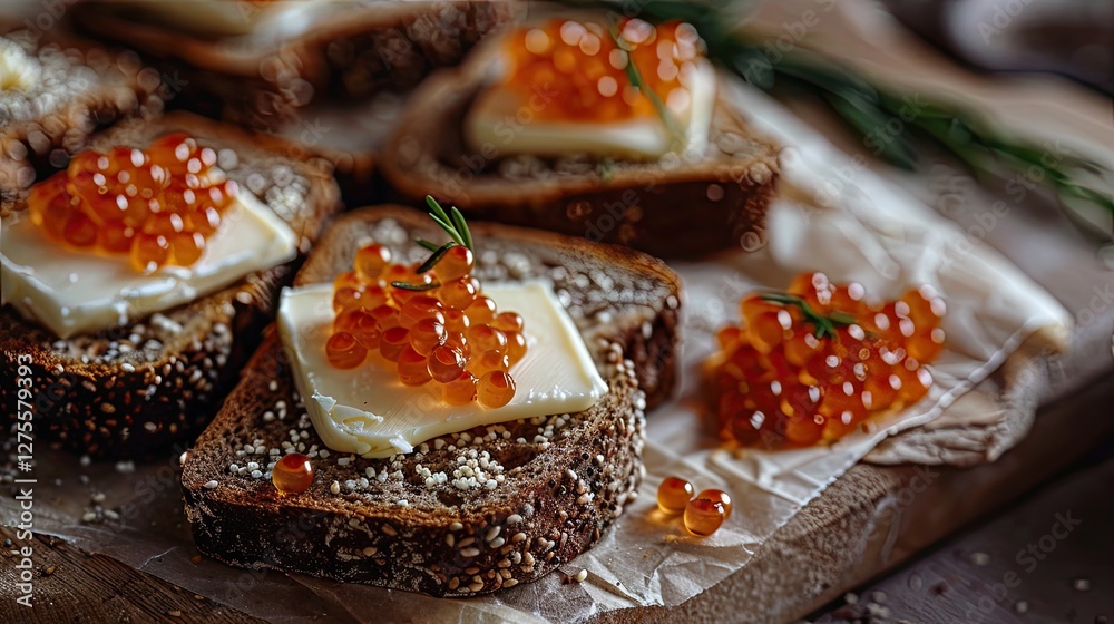 Poster sliced homemade rye bread topped with creamy butter and bright red caviar arranged on a rustic woode