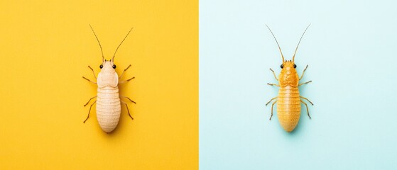Two termites displayed on contrasting backgrounds - one yellow and one blue, showcasing their distinct colors and features.
