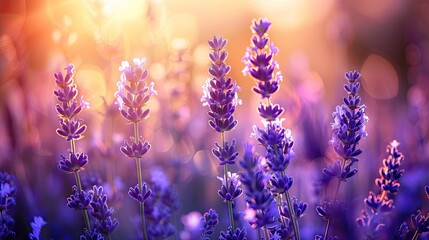 Soft focus lavender flowers in a vibrant sunset glow, bathed in golden light, with shades of purple hues creating a serene garden atmosphere.