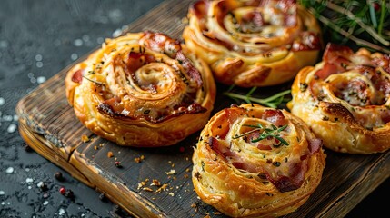 Bacon and cheese puff pastry pinwheels arranged on a rustic wooden board with black background featuring herbs and scattered spices.
