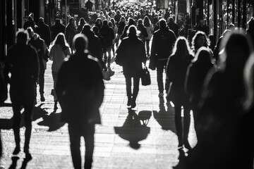 Monochrome image depicts a large crowd of people walking on a city street, creating a dynamic scene with strong backlighting and dramatic shadows, urban life.