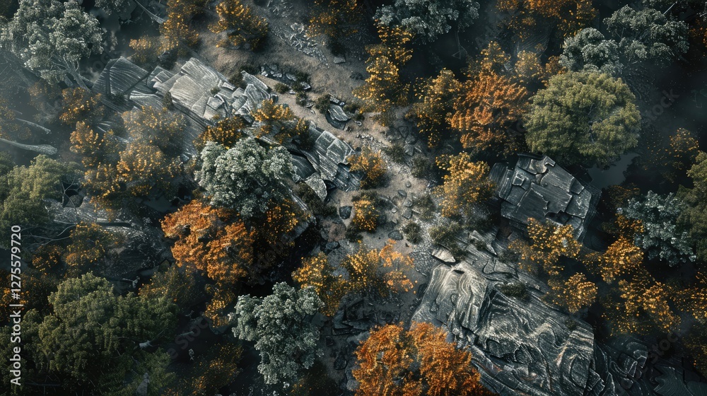 Poster aerial view of a forest showcasing vibrant green and orange trees with a clear firewall zone in the 