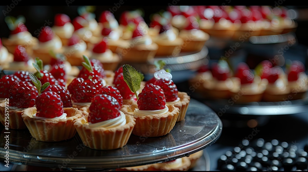 Poster delicious raspberry tartlets elegantly arranged on a black tablecloth banquet table with vibrant red