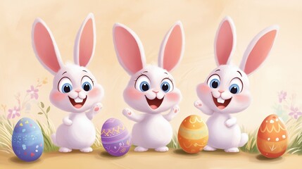 Obraz premium Three cheerful rabbits celebrate spring by painting colorful Easter eggs in a bright meadow