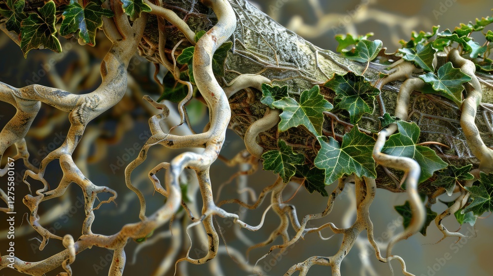 Poster magnified view of english ivy hedera helix showing intricate aerial roots with green leaves intertwi