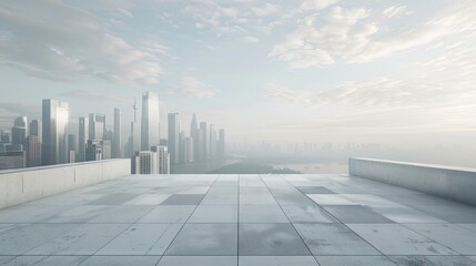 Obraz premium Panoramic view of a modern city skyline under a cloudy sky with a spacious empty concrete floor in the foreground showcasing sleek architectural buildings