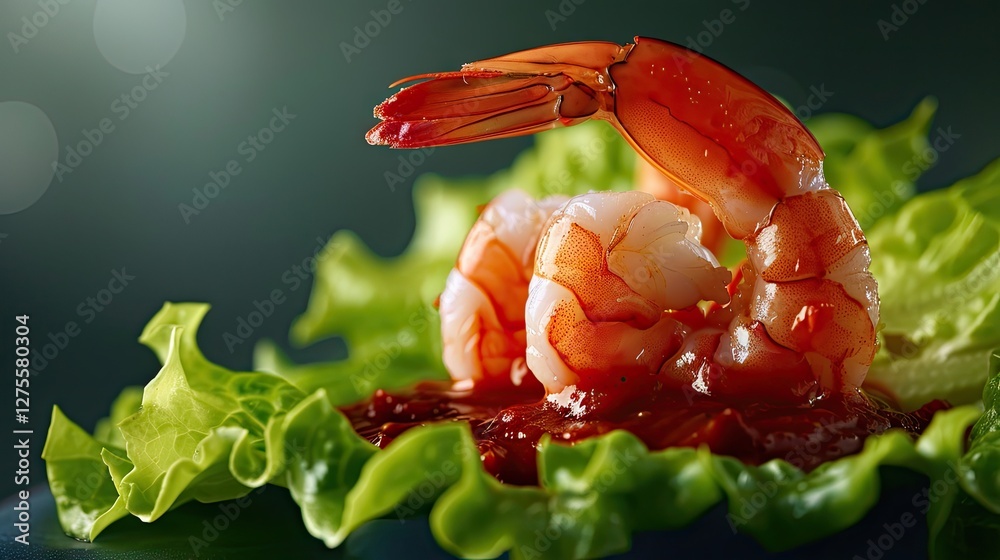 Poster Fresh shrimp on vibrant green lettuce with rich dynamite sauce drizzled, captured in soft focused background with hint of light bokeh.