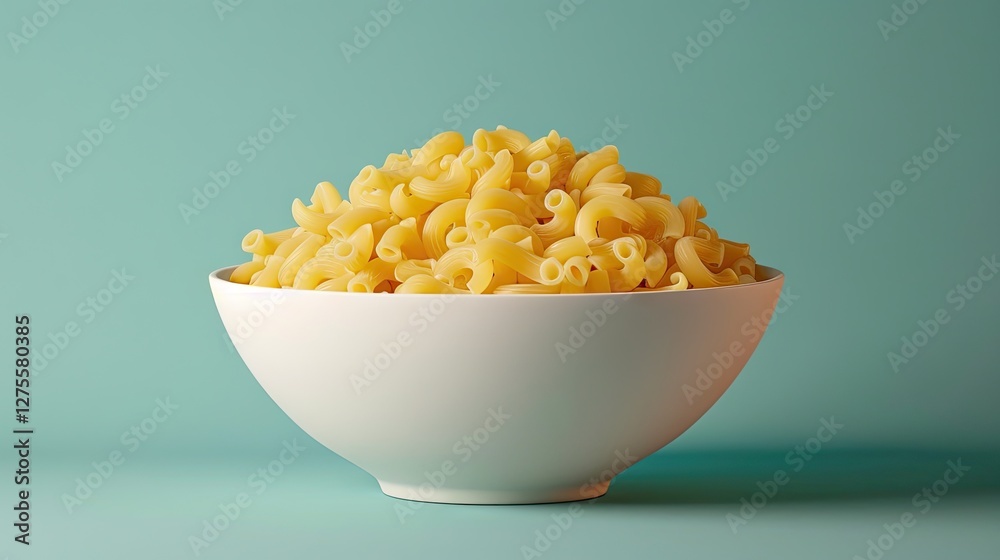 Poster Yellow macaroni pasta in a large white bowl on a soft teal background with soft shadows creating a contemporary food presentation.