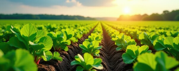 Sugar beets growing in the fields with sunny sky, field, fields