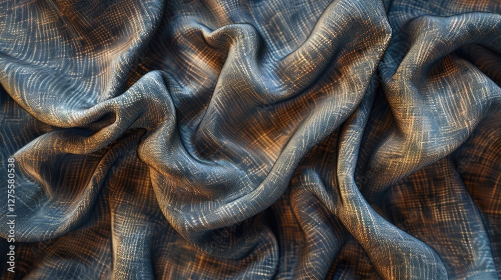 Fototapete textured fabric design showcasing intricate patterns in deep blue and warm gold hues, with soft, flo