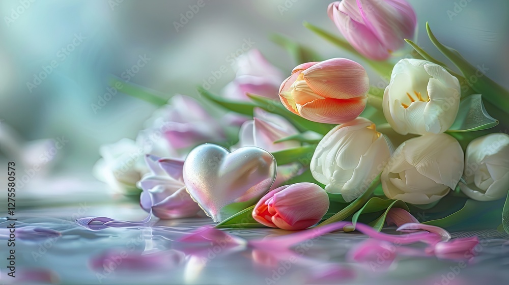 Poster bouquet of soft pastel tulip flowers in pink and white hues with a reflective heart shape in a gentl