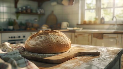 Rustic kitchen scene featuring a golden-brown round loaf of freshly baked bread on a wooden cutting board with soft sunlight filtering through the window.
