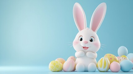 Obraz premium Cute bunny surrounded by colorful eggs for spring celebration in a cheerful setting, Happy Easter