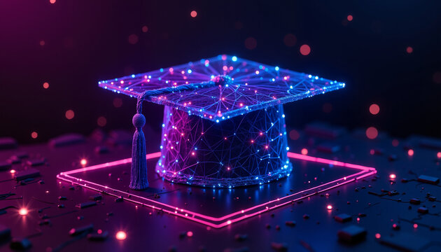 Glowing digital graduation cap with sparkling effects, perfect for online education platforms, academic websites, or virtual learning materials.