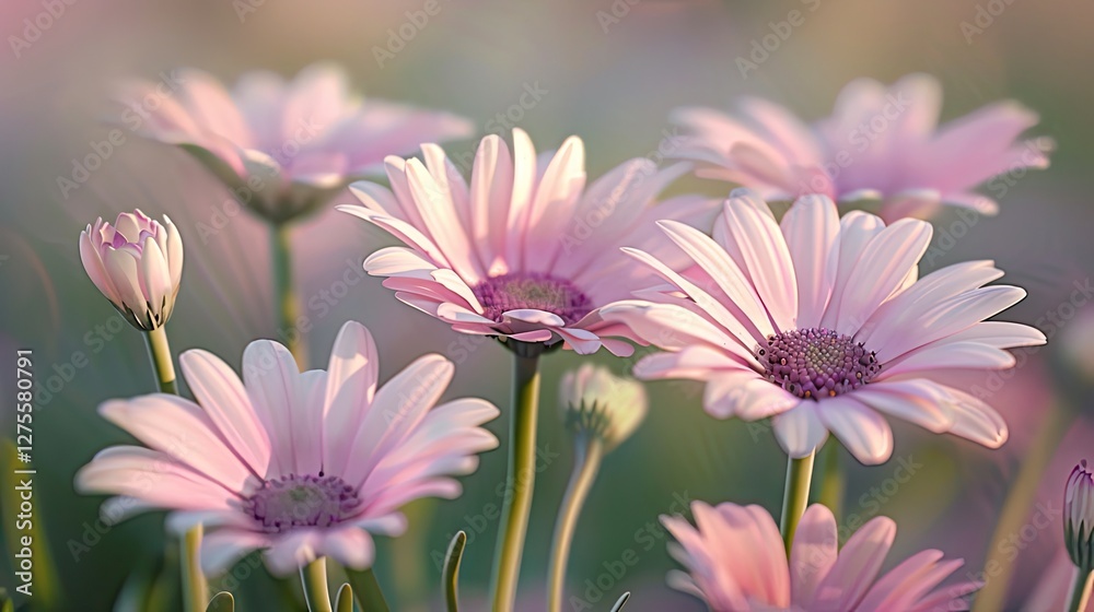 Poster closeup of delicate daisy blossoms in a shallow depth of field with soft pink and white petals amid 