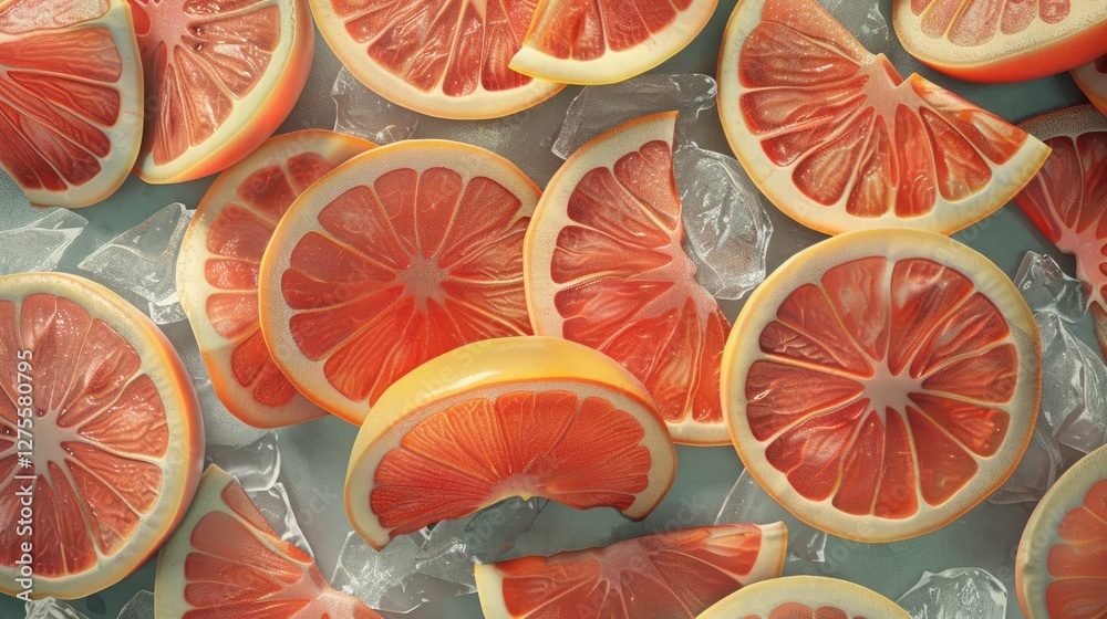 Poster vibrant red grapefruit slices arranged artistically on a light blue background with translucent laye