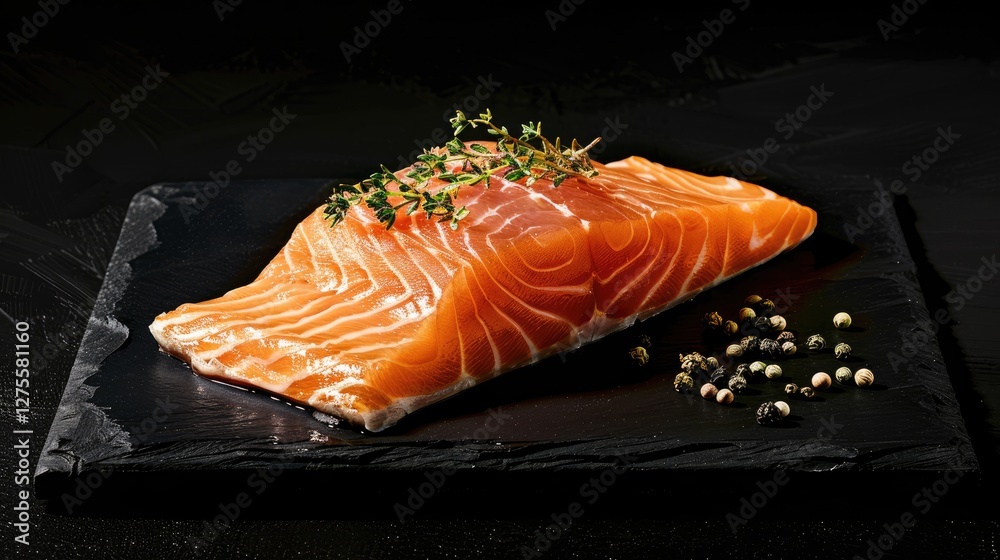 Poster fresh salmon fillet with visible marbling placed on a black slate cutting board, garnished with thym