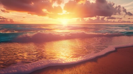 Obraz premium Tranquil beach sunset with orange and pink skies reflecting on gentle waves, warm golden sand in foreground and soft clouds in vibrant colors.