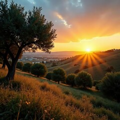 Sun rises over olive grove fields near Bethlehem, olives, nature, trees