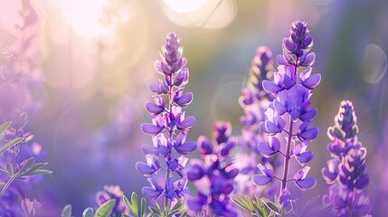 Obraz premium Purple blooming flowers in soft focus against a blurred meadow background with gentle sunlight creating a serene spring atmosphere.