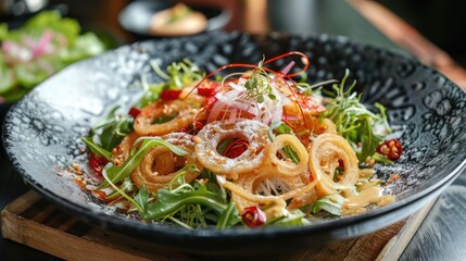 Vibrant deep-fried lotus root salad with crispy rings, fresh greens, topped with mayo and chili sauce, served in a black decorative bowl.