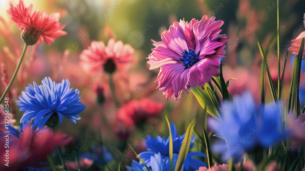 Poster vibrant field of pink and blue flowers in full bloom with blurred green background and soft sunlight