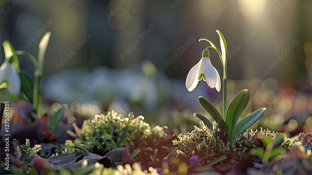 Poster delicate snowdrop flower in soft focus with lush green leaves and background bokeh, sunlight creatin