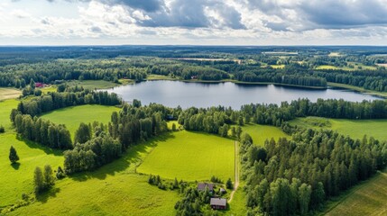 Naklejka premium Discover the Lush Green Canopy: Aerial Top - Down of Finnish Rural Forest in Summer