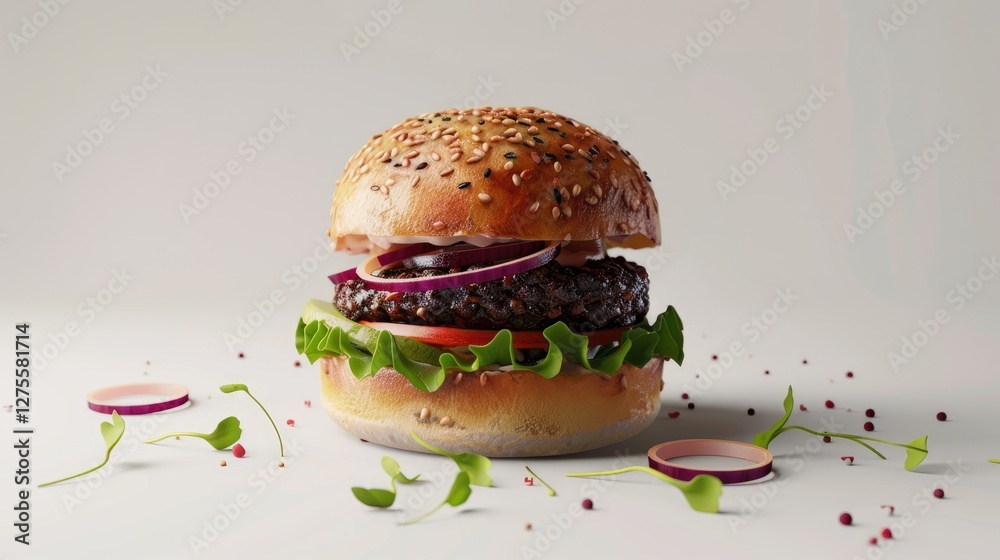 Poster grilled black bean burger on a sesame seed bun with avocado tomato red onion and microgreens on a li