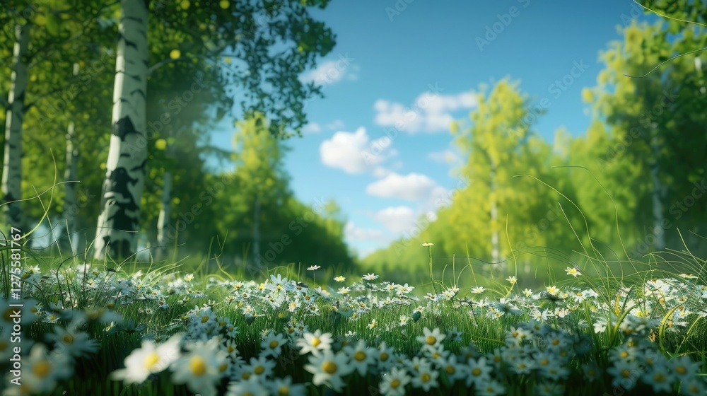 Poster lush green trees with bright leaves framing a serene path under a blue sky, wild daisies in focus at