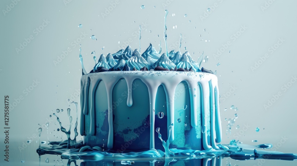 Poster ombre blue drip cake with white and blue frosting decoration splashes around on a reflective surface