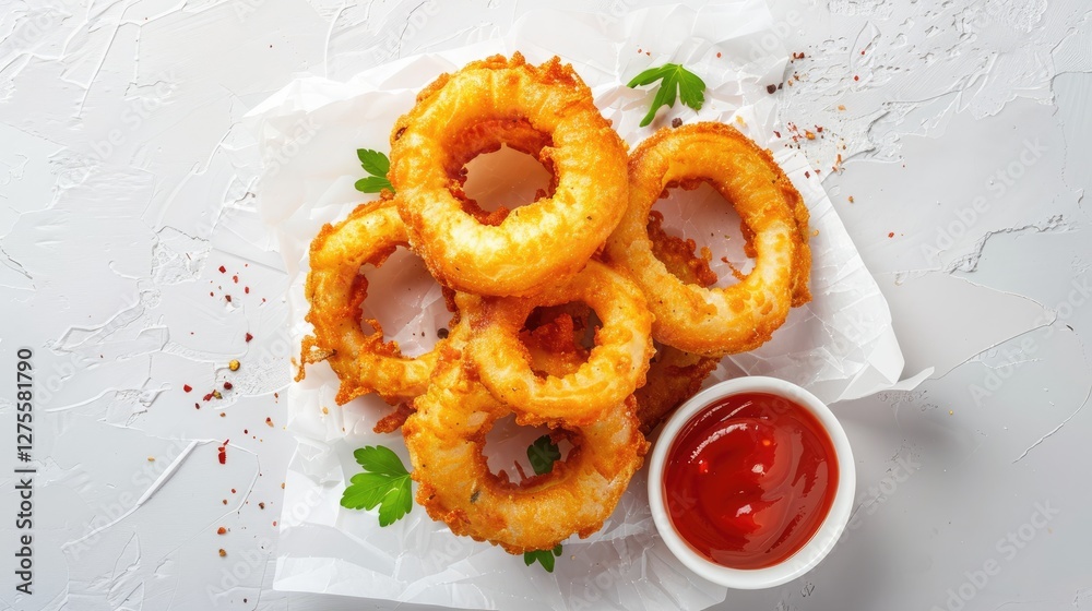 Poster crispy golden deep-fried onion rings arranged on white parchment with a small bowl of red ketchup ga