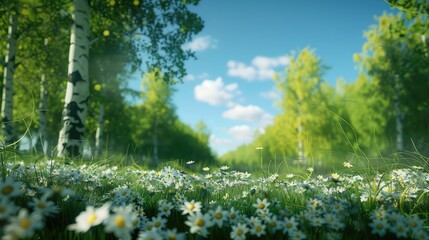 Obraz premium Lush green trees with bright leaves framing a serene path under a blue sky, wild daisies in focus at the foreground creating a vibrant atmosphere